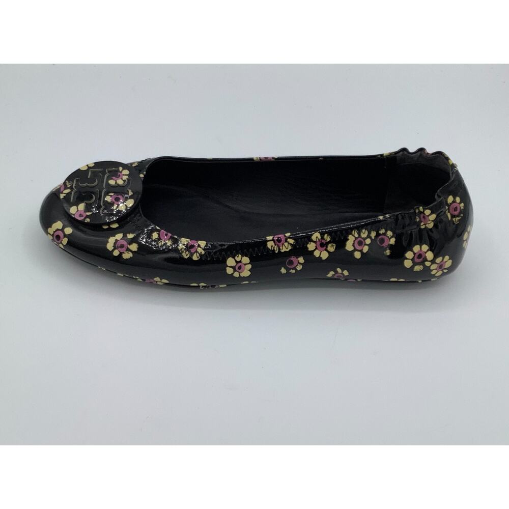 Tory‎ Burch Size 8.5 Black Patent Leather with Yellow Pink Flowers Flats - Picture 5 of 7